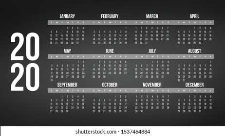 Year 2020 Calendar or planner grid . Black background. Vector illustration.