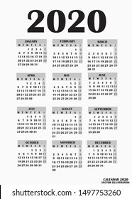 Year 2020 calendar. Simple design for calendar 2020. Calendar on White Background for organization and business. Week Starts Monday.