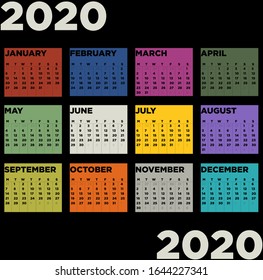 Year 2020 calendar square vector design template, simple and clean design. Colorful Calendar for Year 2020 on Black Background for organization and business. Week Starts Monday.
