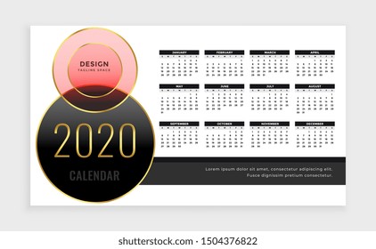 year 2020 calendar template design in luxury style