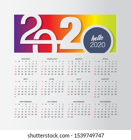 Year 2020 calendar template with 2020 text design