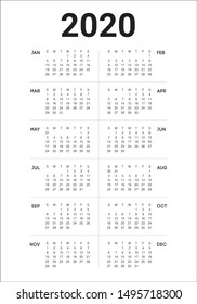 Year 2020 calendar vector design template, simple and clean design