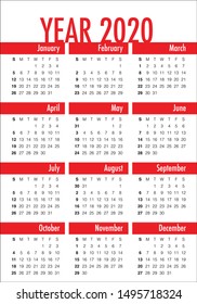 Year 2020 calendar vector design template, simple and clean design