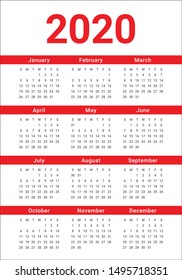 Year 2020 calendar vector design template, simple and clean design