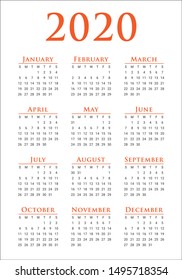 Year 2020 calendar vector design template, simple and clean design