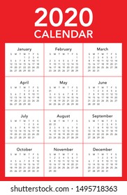 Year 2020 calendar vector design template, simple and clean design