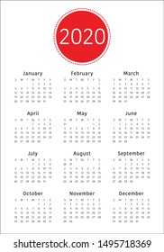 Year 2020 calendar vector design template, simple and clean design