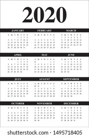 Year 2020 calendar vector design template, simple and clean design