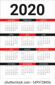 Year 2020 calendar vector design template, simple and clean design