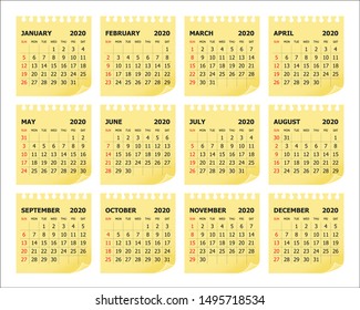 Year 2020 calendar vector design template, simple and clean design