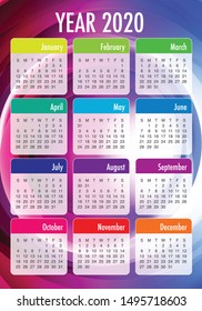 Year 2020 calendar vector design template, simple and clean design
