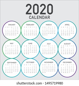 Year 2020 calendar vector design template, simple and clean design
