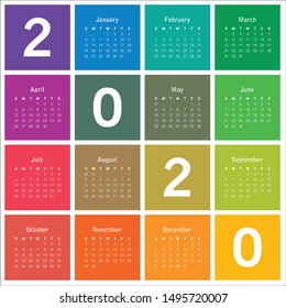 Year 2020 calendar vector design template, simple and clean design
