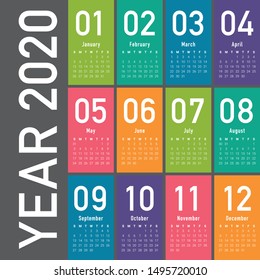 Year 2020 calendar vector design template, simple and clean design
