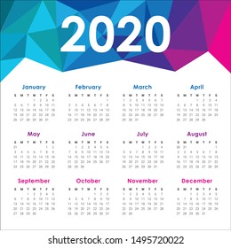 Year 2020 calendar vector design template, simple and clean design
