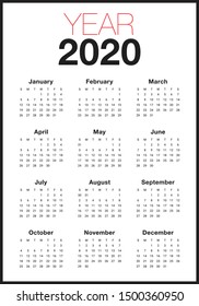 Year 2020 calendar vector design template, simple and clean design