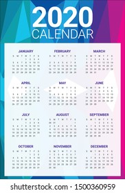 Year 2020 calendar vector design template, simple and clean design