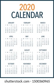 Year 2020 calendar vector design template, simple and clean design