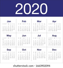 Year 2020 calendar vector design template, simple and clean design