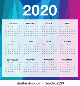 Year 2020 calendar vector design template, simple and clean design