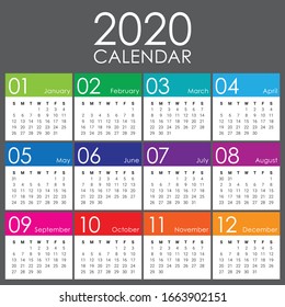 Year 2020 calendar vector design template, simple and clean design