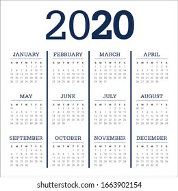 Year 2020 calendar vector design template, simple and clean design