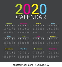 Year 2020 calendar vector design template, simple and clean design