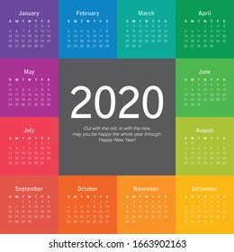 Year 2020 calendar vector design template, simple and clean design