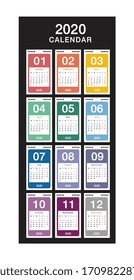 Plantilla de diseño vectorial del calendario 2020, diseño simple y limpio. Calendario para 2020 sobre el fondo blanco para la organización y los negocios. La semana empieza el lunes. 