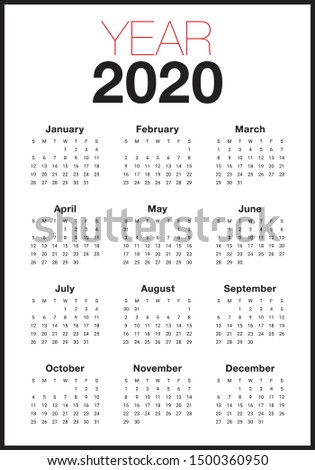 Year 2020 calendar vector design template, simple and clean design