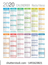 Year 2020 colorful calendar, in French language, on white background. Vector template