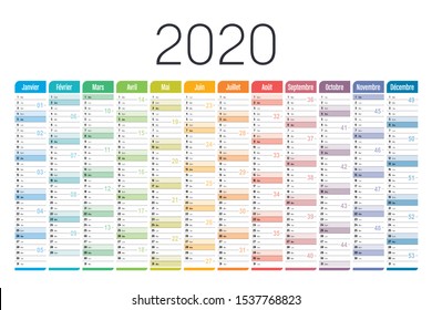 Year 2020 colorful calendar, in French language, on white background. Vector template.