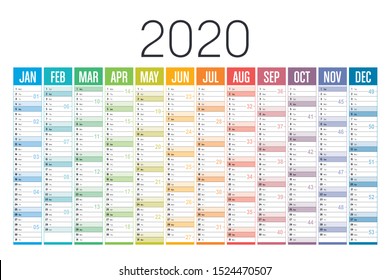 Year 2020 colorful calendar on white background. Vector template.