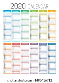 Year 2020 colorful calendar, with weeks numbers, on black background. Vector template