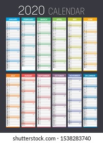 Year 2020 colorful calendar, with weeks numbers, on black background. Vector template.