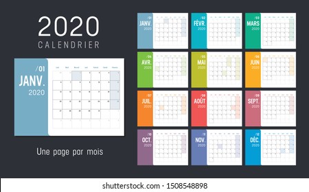 Year 2020 colorful monthly calendar, in French language, on black background. Vector template.