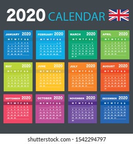 Year 2020 colorful monthly calendar, in English language, on black background. Vector template.