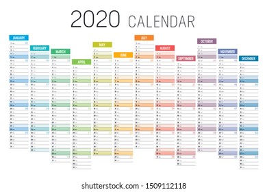 Year 2020 colorful unaligned calendar on white background. Vector template.