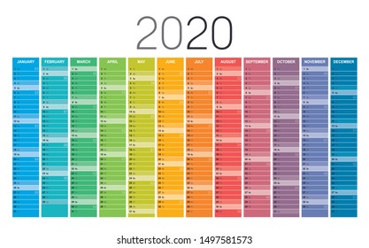 Year 2020 colorful wall calendar, with weeks numbers, on white background. Vector template.
