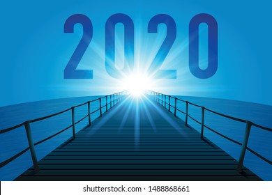 The year 2020 with the concept of the goal to achieve for a company. The illustration uses the symbol of a pontoon crossing the ocean towards the sun shining as a marker on the horizon.