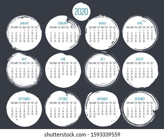 Year 2020 contemporary vector monthly calendar. Hand drawn white circle brush stroke design over dark grey background. Week starting from Sunday.