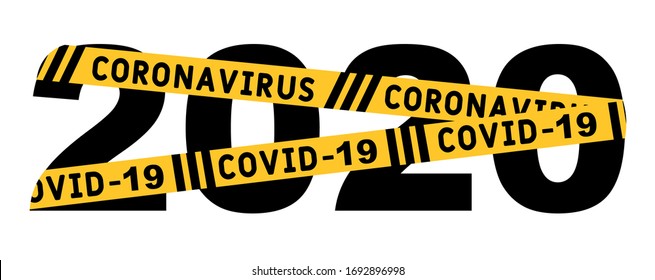 Icono de la pandemia del coronavirus sario SARS-Cov-2. Volante de tarjetas de felicitación 2020 Fonts con signo COVID-19. Ilustración vectorial.  peligro de infección, enfermedad, rayas negras y amarillas con texto.