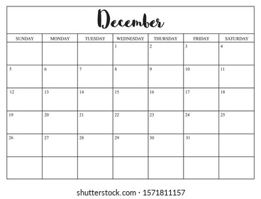 Year 2020 December planner, monthly planner calendar for December 2020 on white background.
