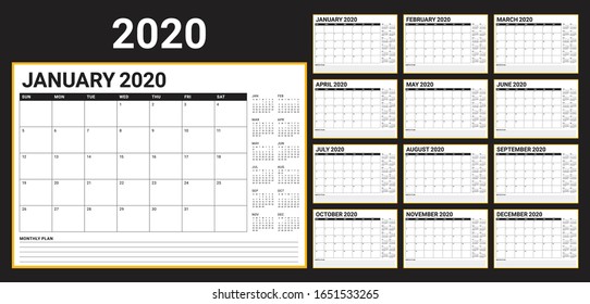 Year 2020 desk calendar vector illustration, simple and clean design. 
