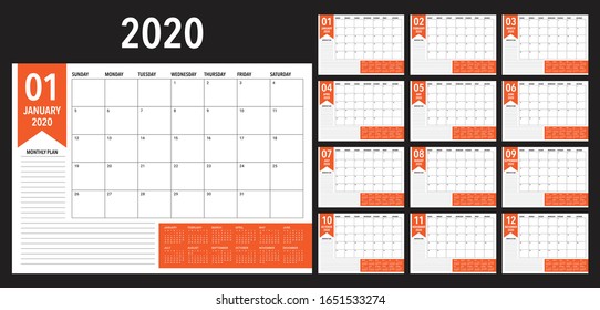 Year 2020 desk calendar vector illustration, simple and clean design. 
