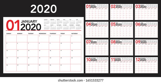 Year 2020 desk calendar vector illustration, simple and clean design. 
