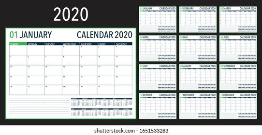 Ilustración vectorial del calendario documental de 2020, diseño sencillo y limpio. 
