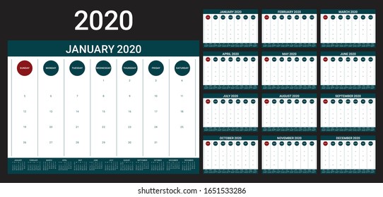 Year 2020 desk calendar vector illustration, simple and clean design. 
