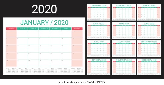 Year 2020 desk calendar vector illustration, simple and clean design. 
