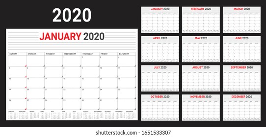 Ilustración vectorial del calendario documental de 2020, diseño sencillo y limpio. 
